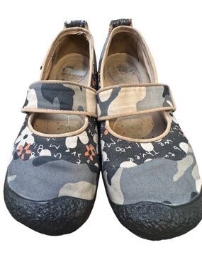 Keen Mary Jane Shoes in Gray Camo with Orange Floral Accents